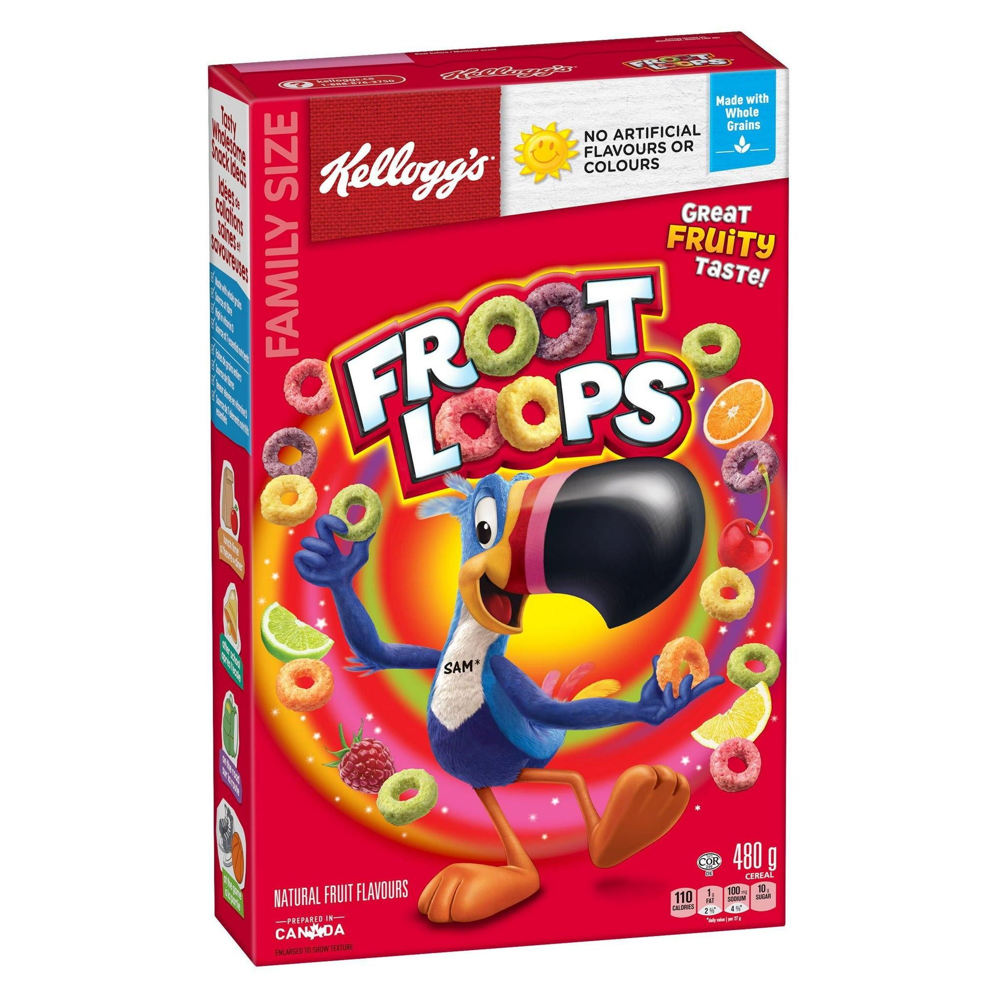 Front of Kellogg's Froot Loops Cereal, Family Size, 480g/1.06 lb., Box